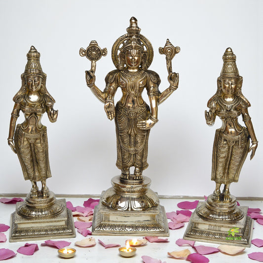 Lord Vishnu With His wife Bhumi and Laxmi Ji Brass made hand carved statue