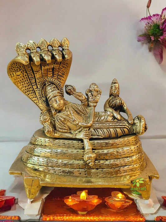 Vishnu Laxmi Sitting On Sheshnag - Lord Narayan rest in Vainkunt Dham metal idol 4.5 inch