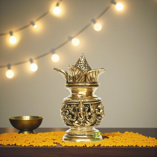 Ganesha Laxmi figure on one Kalash made of brass metal for pooja ghar/Temple (One Pcs)