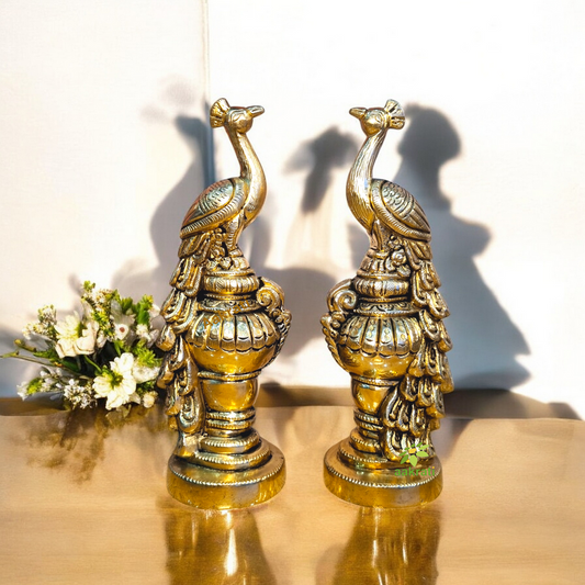Aakrati Pair of Handmade Small Sitting Brass Peacock Figurine Showpiece
