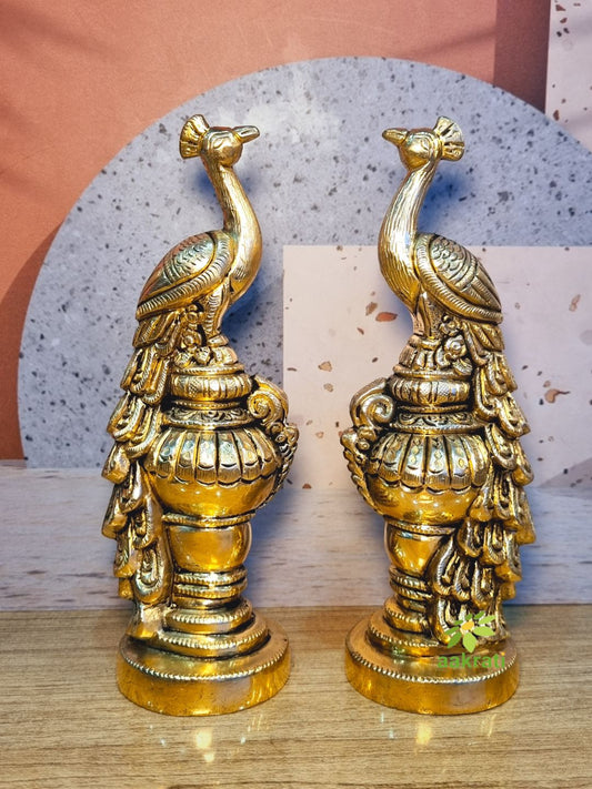 Aakrati Pair of Handmade Small Sitting Brass Peacock Figurine Showpiece