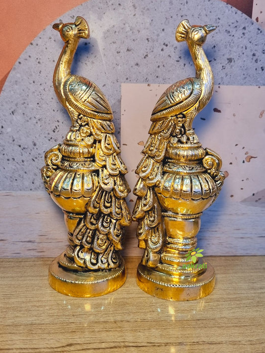 Aakrati Pair of Handmade Small Sitting Brass Peacock Figurine Showpiece