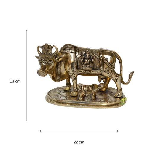 Aakrati Yellow Colour 6 inch Cow with Calf and Laxmi Ganesh Carved Showpiece Figurine