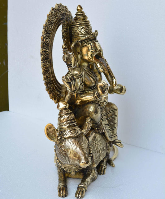 Crowned Ganesh Seated on his Mouse, Ganpati ekdant hindu god Murti Sculpture