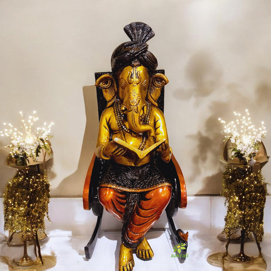 Brass Rocking Chair Ganesh with Colorful Finishing for home and temple decor |Gift Item| |Brass Idols|