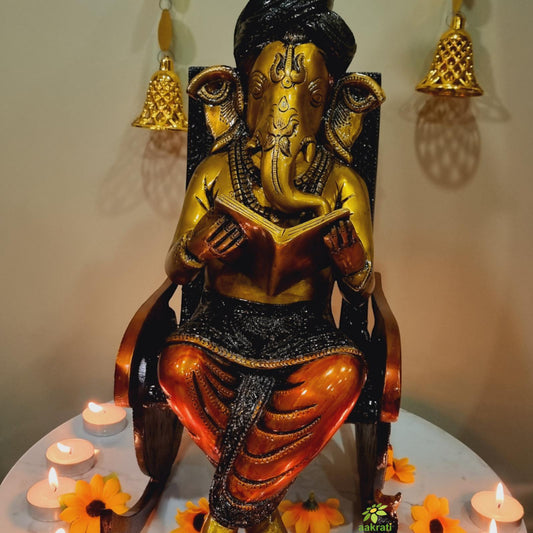 Brass Rocking Chair Ganesh with Colorful Finishing for home and temple decor |Gift Item| |Brass Idols|