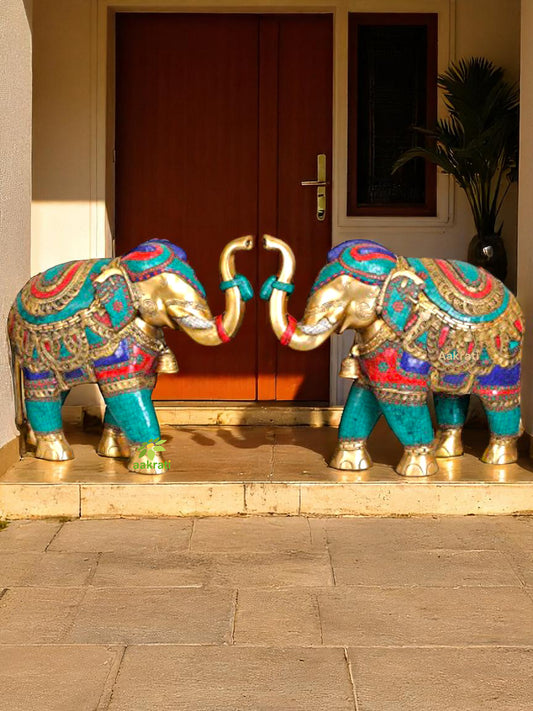Turquoise stone work Elephant pair for Home Decor- Brass Metal Animal Statue