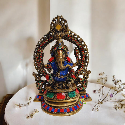Brass Ganesh Idol decorative murti with stone work