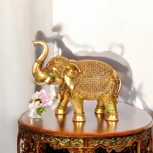 Brass Elephant Figurine | Handcrafted Brass Masterpiece | Traditional Home decor Elephant Statue ( Yellow, 14 inch)