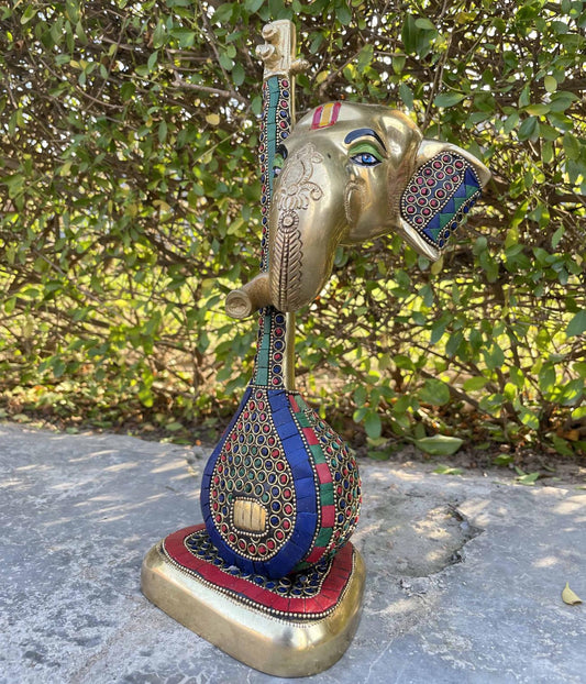 Table top decor and gift metal brass Ganesh with vina, Beautiful curving stone work, showpiece for home and office