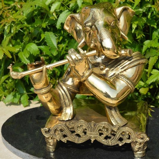 Ganesh Modern style with Flute made in brass metal antique finish statue, Murti Sculpture, Figure of Indian god
