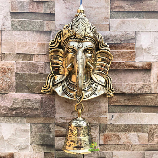 Wall hanging Ganesh face with big bell, door bell, wall decor, door decoration, Enterance and lobby showpiece