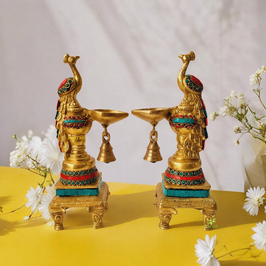 Brass Peacock Diya Set with Stone finish for Home Decoration