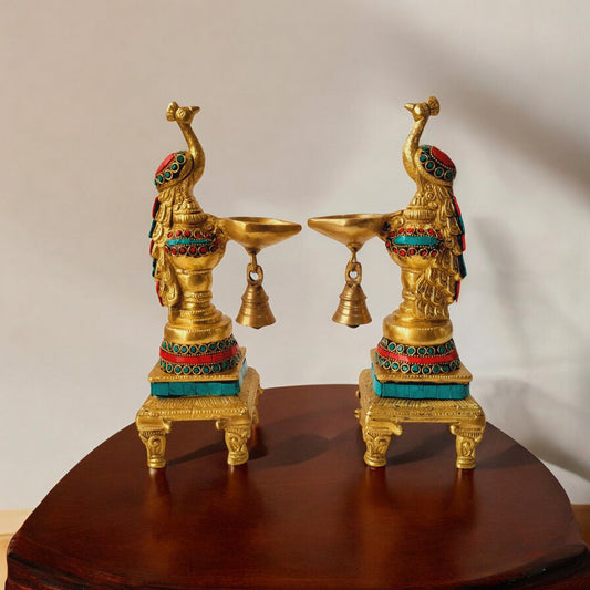 Brass Peacock Diya Set with Stone finish for Home Decoration