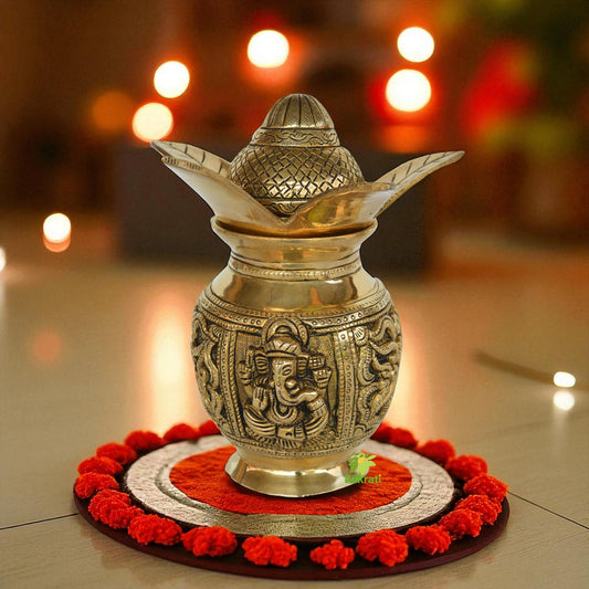 Ganesha Lakshmi Kalash Brass | Brass Holy Water Pot | Pooja Accessories | Pojja Kalash for Home Decor | Health | Wealth and Vastu