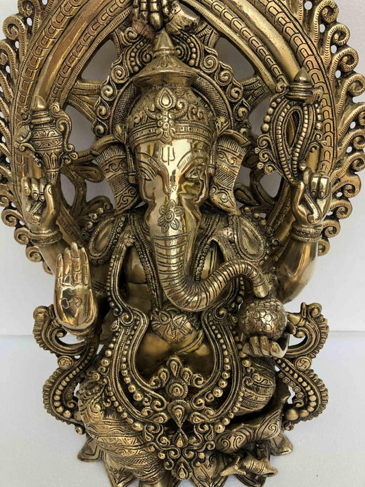 Large Ganesh with Aarch prabhawali made in brass metal with antique bronze finish