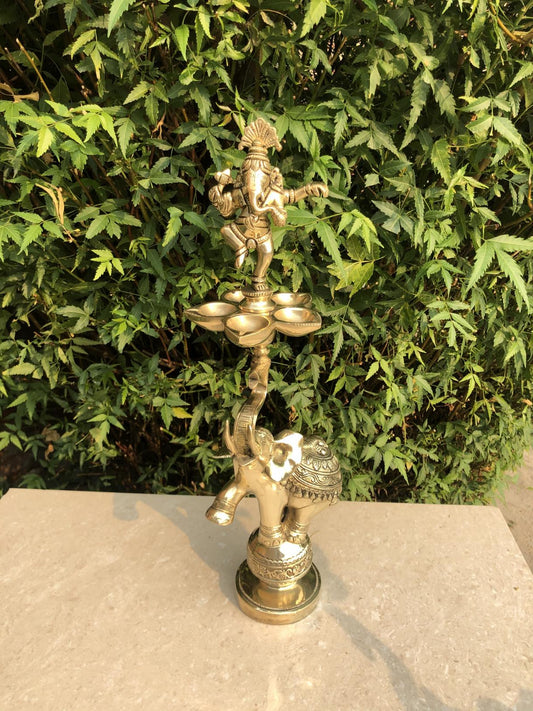Ganesh lamp with elephant ethnic desing Deepak Stand for Home Temple, Brass Oil Diya Lamp, Indian Decor Diya