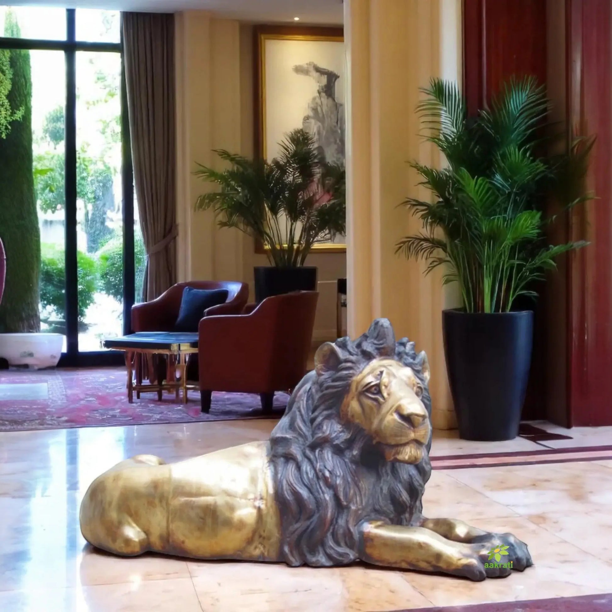 Lion Sculpture sitting hotel lobby decor resorts garden Aakrati