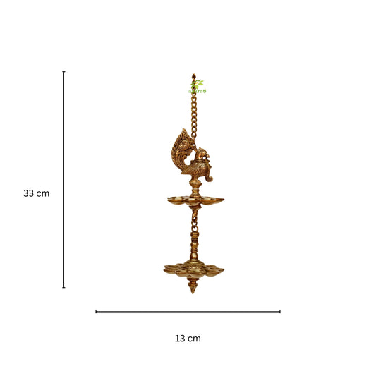 Handmade Peacock Design 4 Oil Wick double step Brass Hanging Diya, Temple Decor, Home Decor Oil Diya Lamp