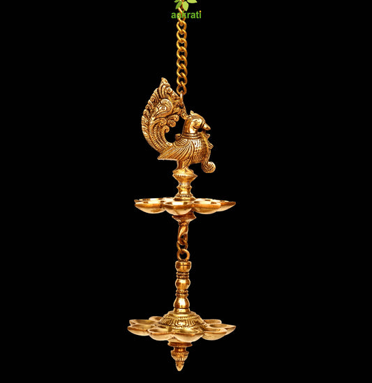 Handmade Peacock Design 4 Oil Wick double step Brass Hanging Diya, Temple Decor, Home Decor Oil Diya Lamp