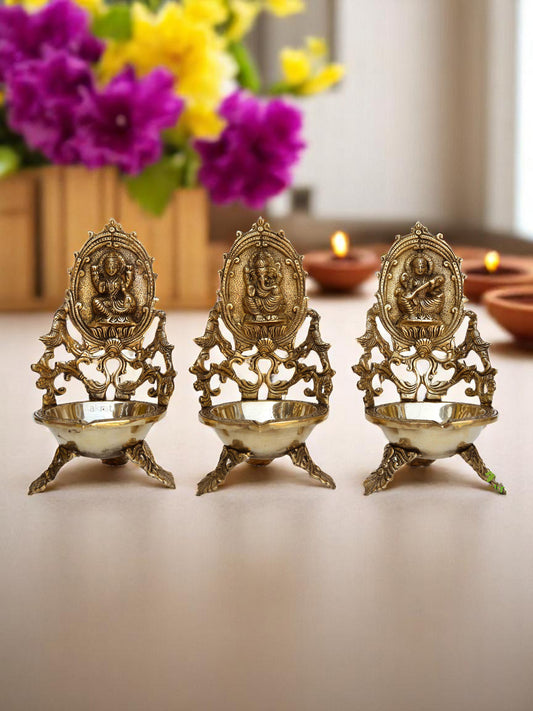 Laxmi Ganesh Saraswati brass deepak - oil lamp - table diya - showpiece