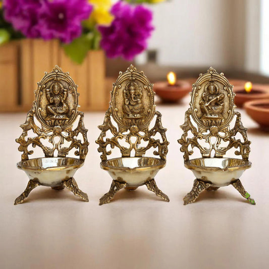 Laxmi Ganesh Saraswati brass deepak - oil lamp - table diya - showpiece