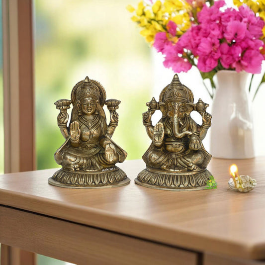 Brass Laxmi Ganesha Idol Sitting | laxmi Ganesh Murti Metal Statue for Home Office Success Entrance Decor Diwali Pooja Good Luck