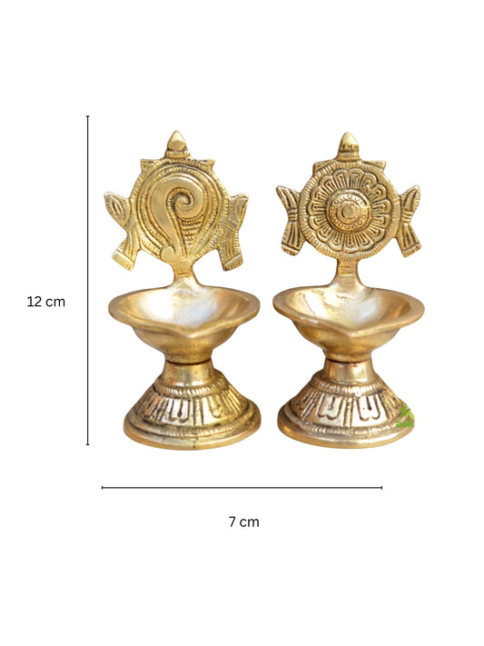 Shankh Chakra Diya Lamp 5 inch/ Home Temple Diya/ Handmade Brass Vishnu Lamp