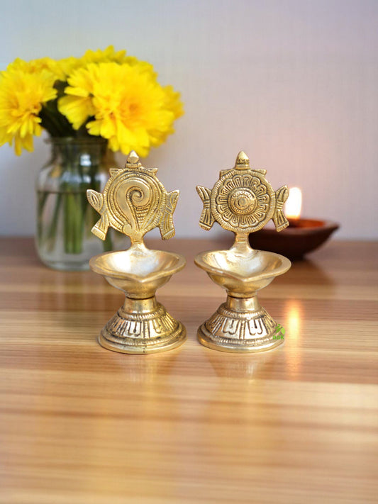 Shankh Chakra Diya Lamp 5 inch/ Home Temple Diya/ Handmade Brass Vishnu Lamp