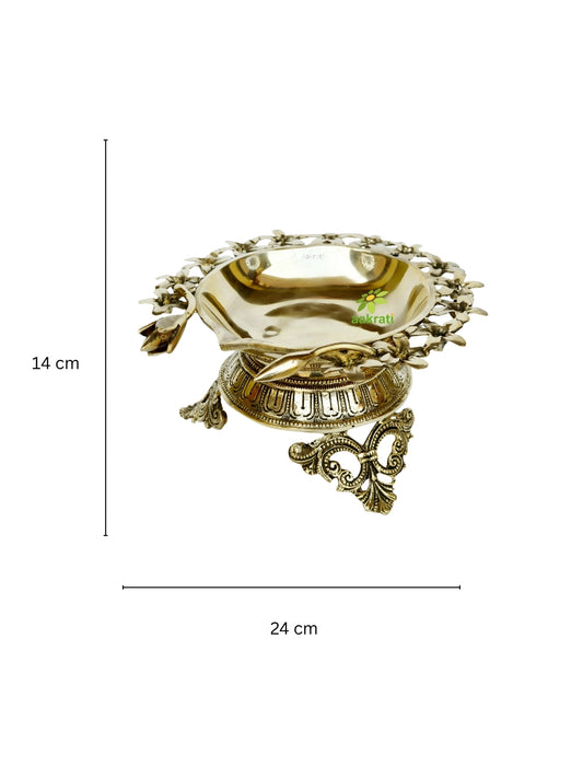 Diya Over Carved Legs, Brass Diya for Temple, Decorative Diyas with decoration flower for Home, Brass Decorative Oil Lamp