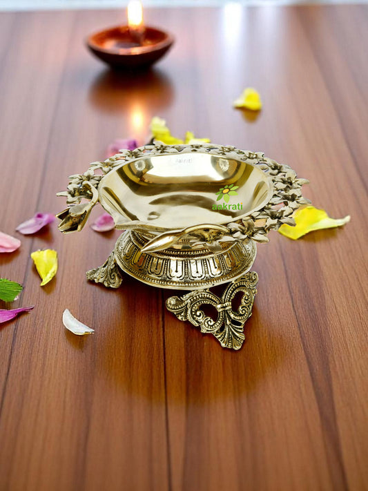 Diya Over Carved Legs, Brass Diya for Temple, Decorative Diyas with decoration flower for Home, Brass Decorative Oil Lamp