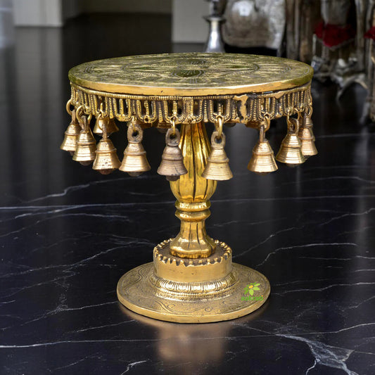 Round Chowki with decorative Pillar and Bells, Brass Pooja Chowki for Home Temple, Chowki For Idols, Pooja - Antique Yellow