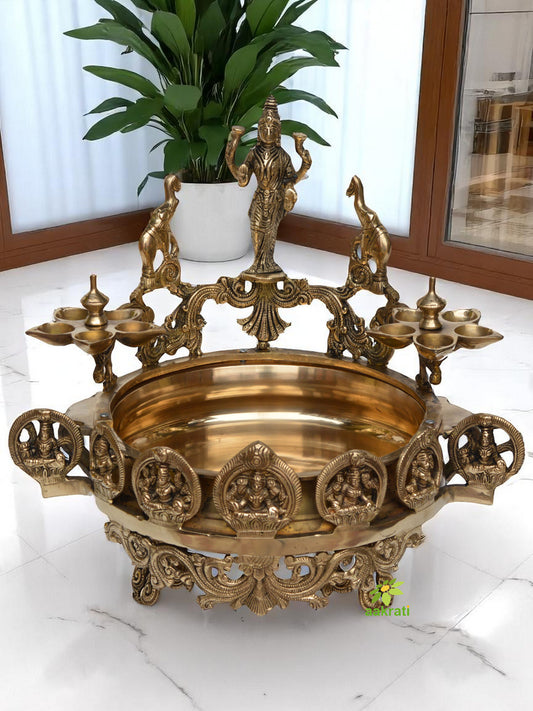 Ethnic Carved Laxmi Design Urli, 15 IN Brass Decor Bowl, Decorative Urli for Corner Tables, Ethnic Indian Decor, Decorative Water Bowl