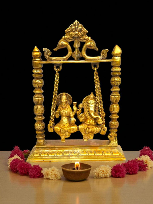 Brass Laxmi Ganesha Swing Idol | Handcrafted Religious Decor for Home Temple | Brass Laxmi Ganesha Murti ( Yellow, 10 inch)