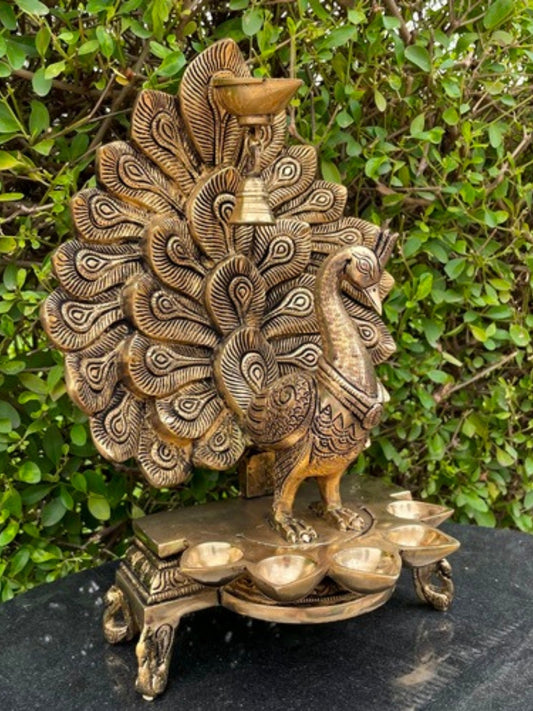 Brass Peacock Design Diya Oil Lamp Table Deepak Decorative Oil Light Diwali Decoration