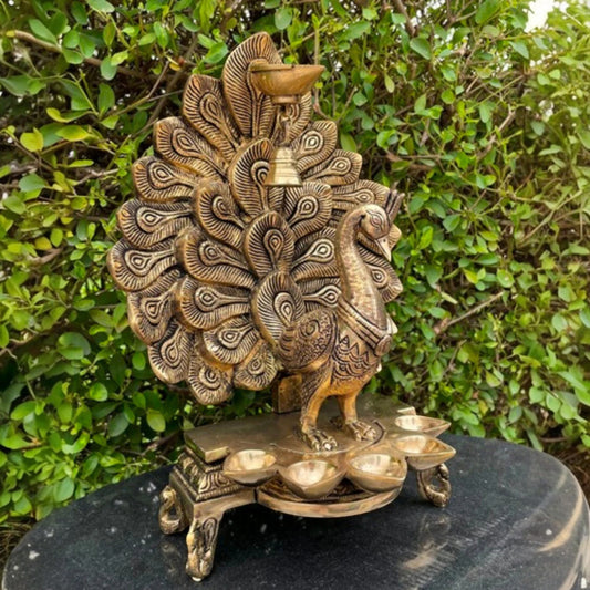 Brass Peacock Design Diya Oil Lamp Table Deepak Decorative Oil Light Diwali Decoration