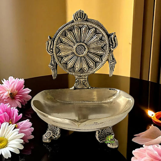 Decorative Chakra Design Brass Lamp, Diya or Deepak by Aakrati