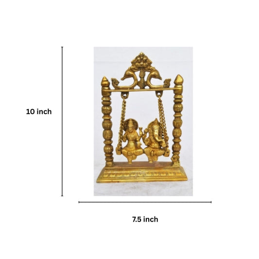 Brass Laxmi Ganesha Swing Idol | Handcrafted Religious Decor for Home Temple | Brass Laxmi Ganesha Murti ( Yellow, 10 inch)