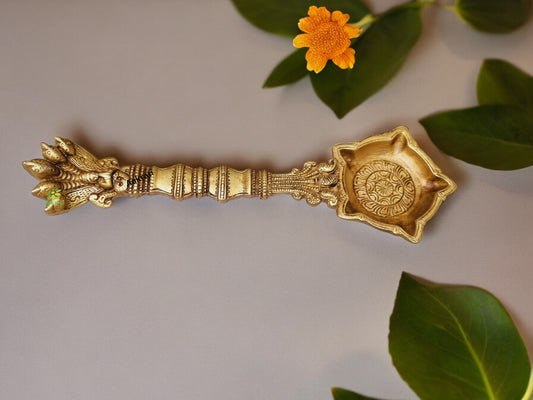 Handcrafted Brass Hawan Spoon, Laxmi Ganesh Statue & Balaji Charan – Traditional Indian Pooja Set for Gifting & Spiritual Décor (Pack of 3)