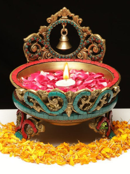 Traditional Brass Bell Urli bowl decor Intricate design Urli - Floating Flowers Candles Handcrafted Vessel for Diya stand home decorations