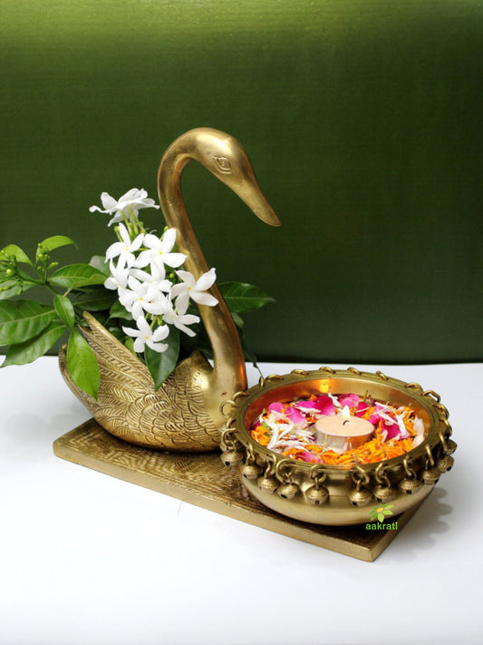Ethnic Swan Design Brass Urli, Showpiece, Brass Statue For Corner Table, Floating Flowers Candles Diya for home decoration