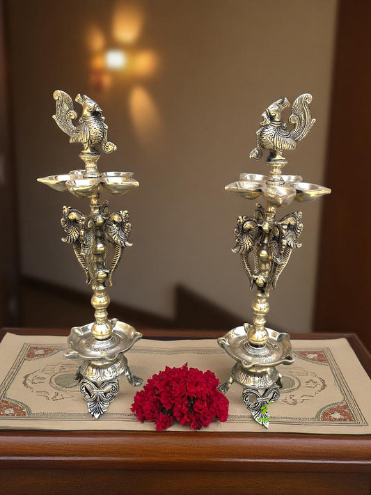 Aakrati Standing Brass Diya Lamp Set of 2 | Diya for Pooja | Brass Diya Stand | Home Temple Decor | Indian Festive Gift