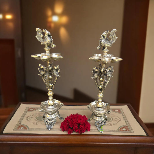 Aakrati Standing Brass Diya Lamp Set of 2 | Diya for Pooja | Brass Diya Stand | Home Temple Decor | Indian Festive Gift