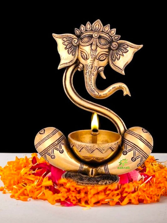 Ganesh statue with akhand diya table top religious hindu god figure