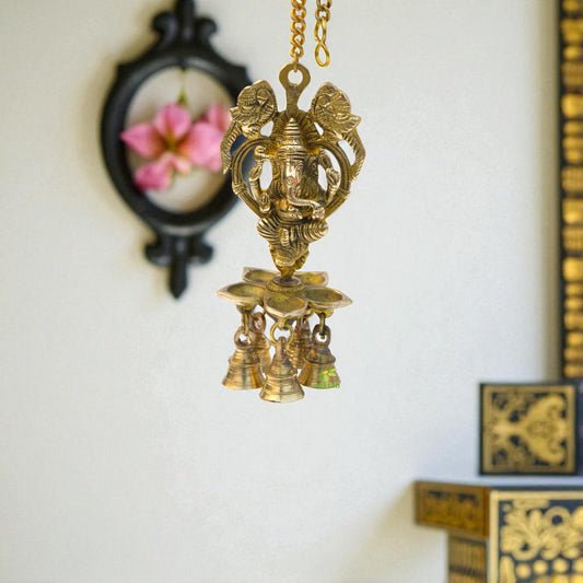 Aakrati Handicrafted Exquisite Peacock Oil Lamp with 5 Diyas & 5 Bells On A Chain | Home Decor | Auspicious Peacock Lamp |Brass Hanging Diya