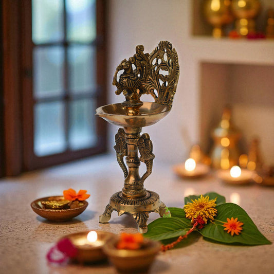 Aakrati Ethnic Twin Peacock Design Brass Oil Diya with Base |Temple Decor | Home Decor Oil Diya Lamp | Indian Handicraft Diya