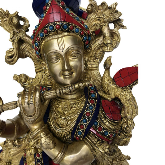 Krishna with cow statue , Big Cow krishna brass idol with beautiful mosaic work, Indian handicrafts gift