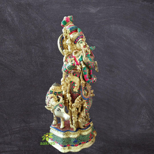 Cow Krishna Statue Brass, Big Brass Lord Krishna Idol with cow, Home Entrance Decor, Wedding Gift
