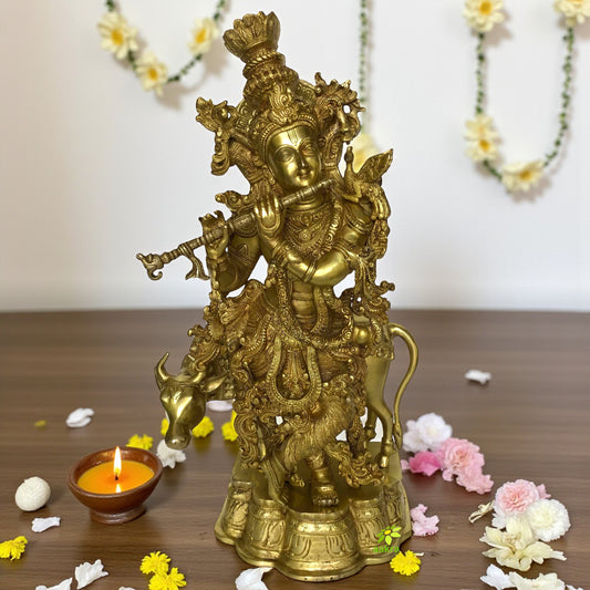 Divine Lord Krishna with Cow & Playing Flute Handcrafted Brass Idol,Brass Krishna Statue, Gorgeous Krishna,Flute Playing Idol, Murlidhar