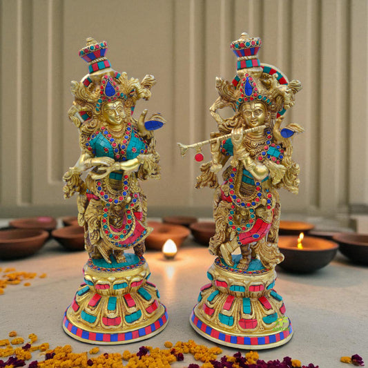 Brass Radha Krishna Statue | 16 Inch Tall Radha Krishna Figurine in Brass | Large Radha-Krishna Sculpture | Hindu Divine Couples | Marriage Gift
